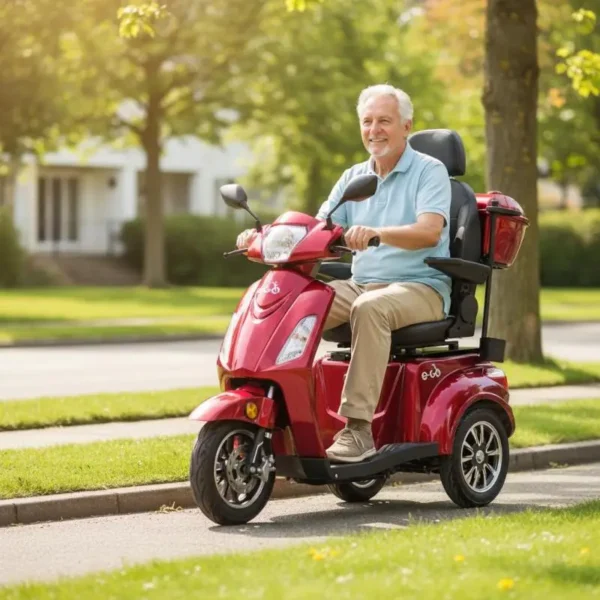 Seniori ajamassa senioriskootterilla ulkona